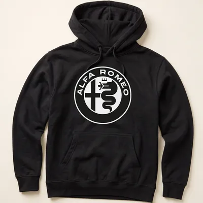 Black and white Alfa Romeo emblem t-shirt design with logo text — printed on a unisex hoodie