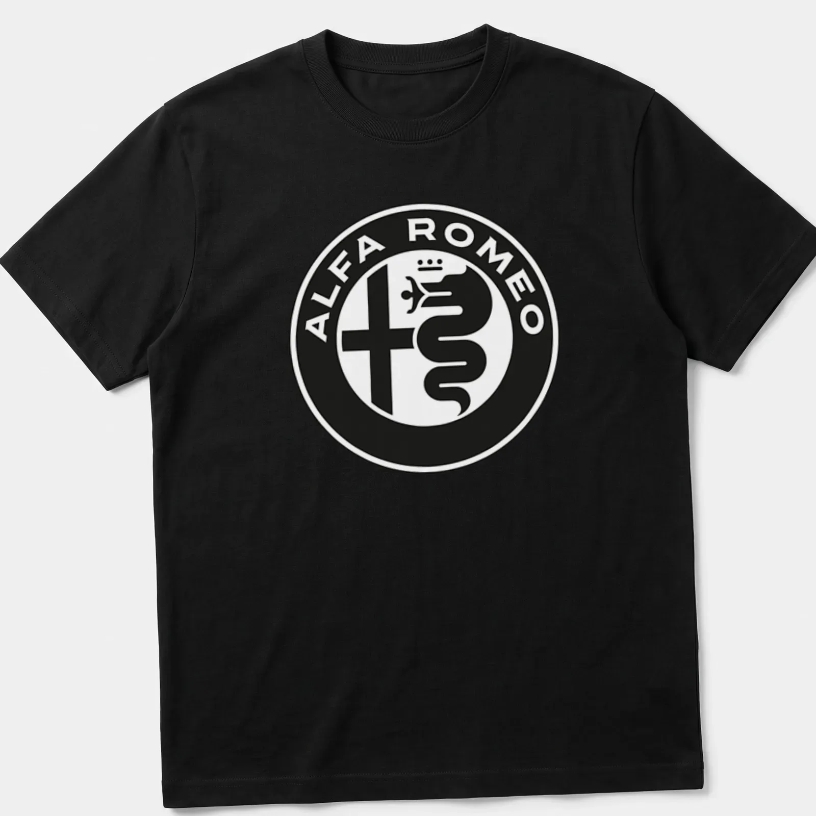 Black and white Alfa Romeo emblem t-shirt design with logo text — printed on a unisex t-shirt
