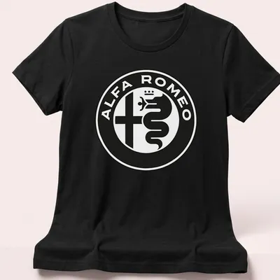 Black and white Alfa Romeo emblem t-shirt design with logo text — printed on a women's shirt