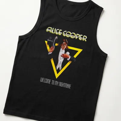 Vintage Alice Cooper t-shirt featuring the phrase Welcome To My Nightmare in bold colors — printed on a tank top