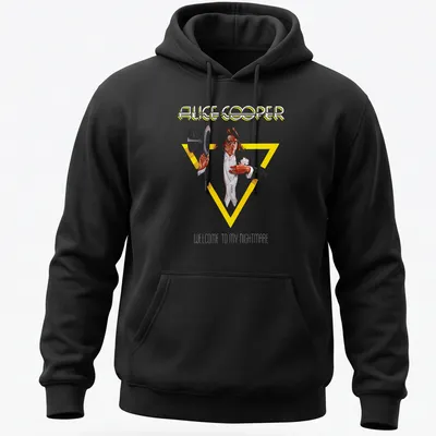 Vintage Alice Cooper t-shirt featuring the phrase Welcome To My Nightmare in bold colors — printed on a unisex hoodie