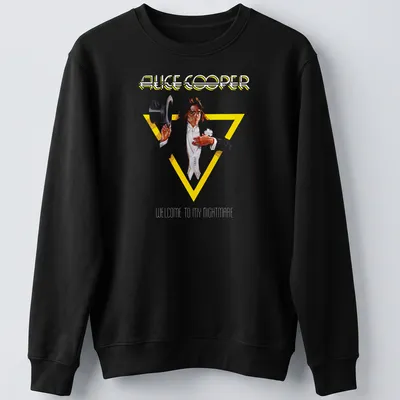 Vintage Alice Cooper t-shirt featuring the phrase Welcome To My Nightmare in bold colors — printed on a unisex sweatshirt