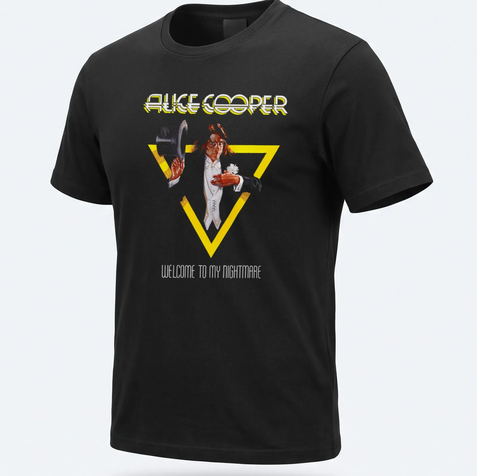 Vintage Alice Cooper t-shirt featuring the phrase Welcome To My Nightmare in bold colors — printed on a unisex t-shirt