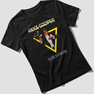 Vintage Alice Cooper t-shirt featuring the phrase Welcome To My Nightmare in bold colors — printed on a women's shirt