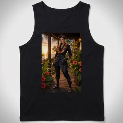 Realistic photo of a woman in black aloha attire at sunset — printed on a tank top