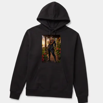Realistic photo of a woman in black aloha attire at sunset — printed on a unisex hoodie