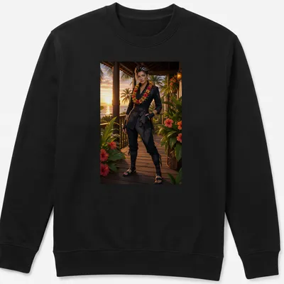 Realistic photo of a woman in black aloha attire at sunset — printed on a unisex sweatshirt