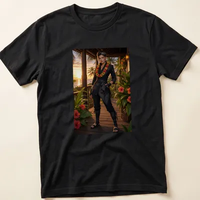 Realistic photo of a woman in black aloha attire at sunset