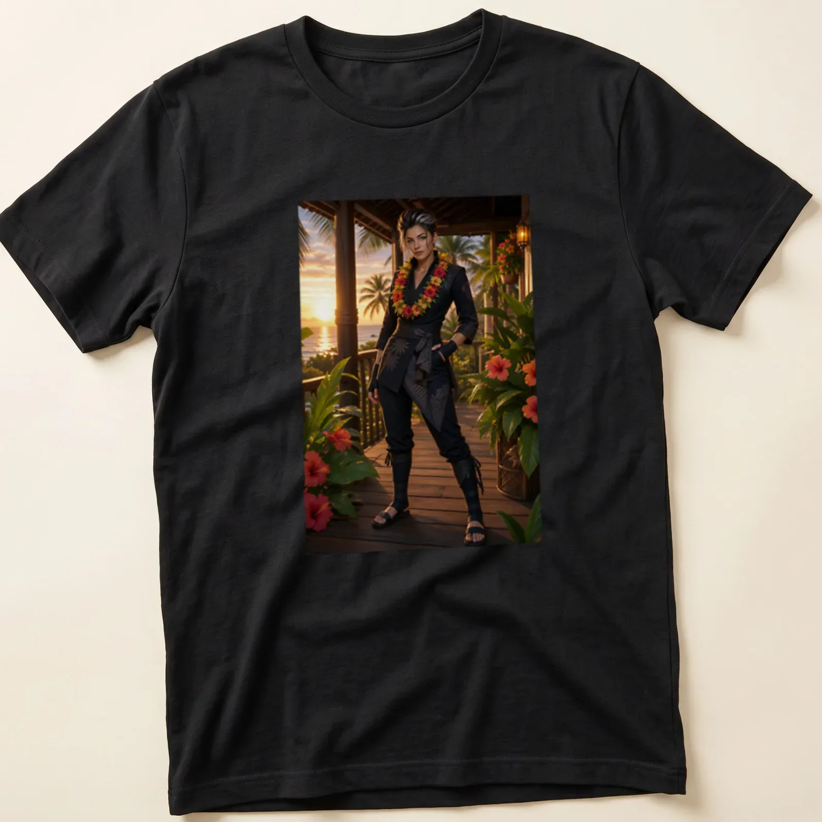 Realistic photo of a woman in black aloha attire at sunset — printed on a unisex t-shirt