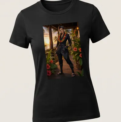 Realistic photo of a woman in black aloha attire at sunset — printed on a women's shirt