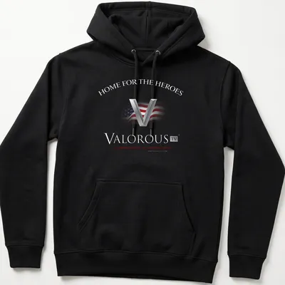 American flag graphic with bold text about valor and virtue in red, white, and blue. — printed on a unisex hoodie