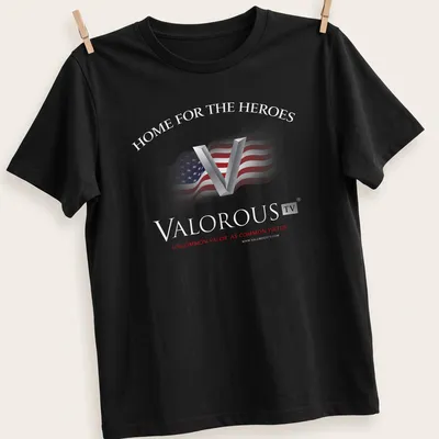 American flag graphic with bold text about valor and virtue in red, white, and blue.