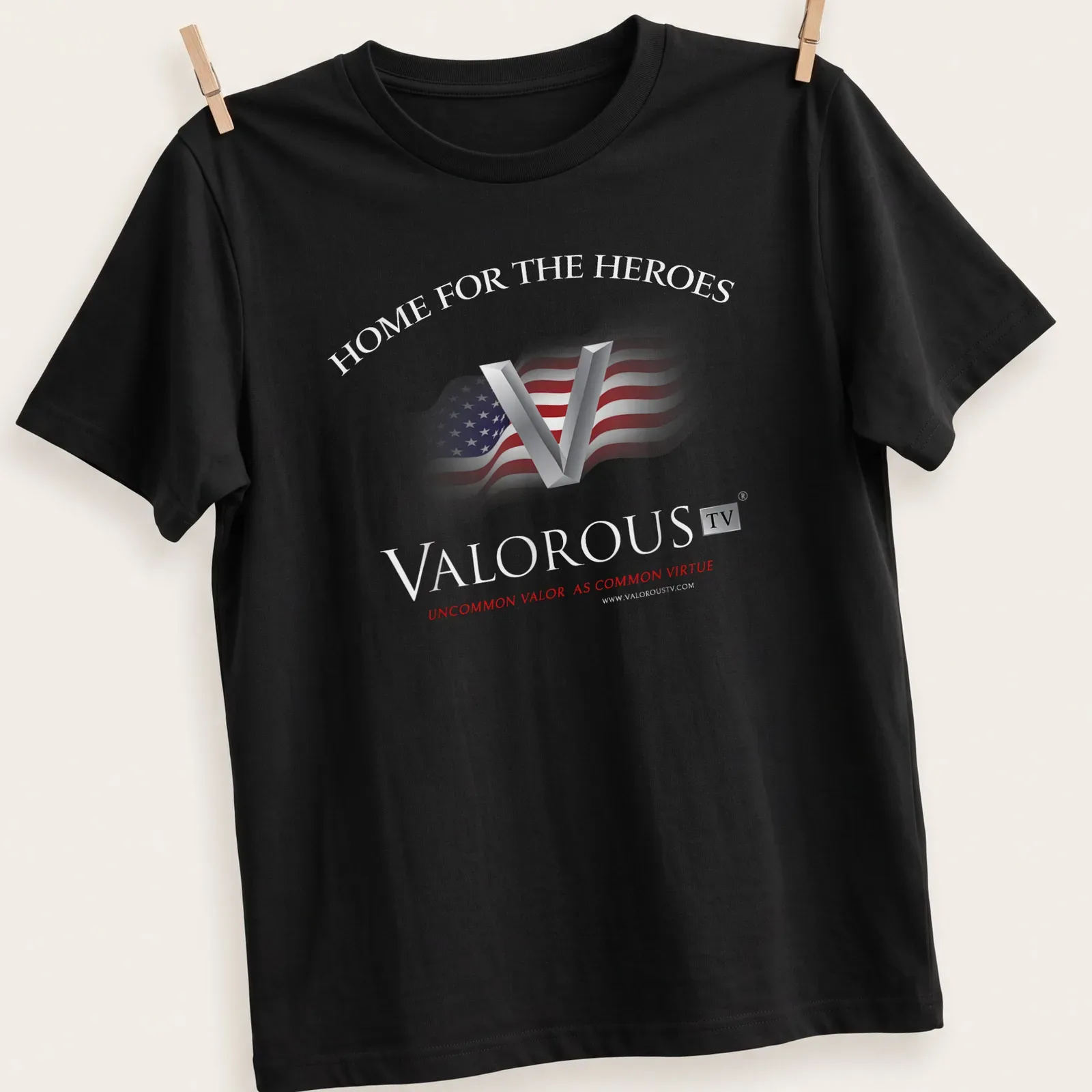 American flag graphic with bold text about valor and virtue in red, white, and blue. — printed on a unisex t-shirt