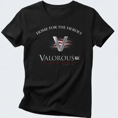 American flag graphic with bold text about valor and virtue in red, white, and blue. — printed on a women's shirt