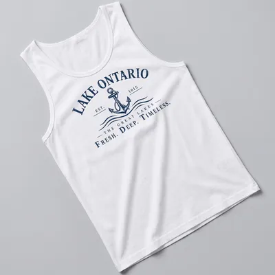 Vintage style t-shirt featuring Lake Ontario text and an anchor design in navy and white — printed on a tank top