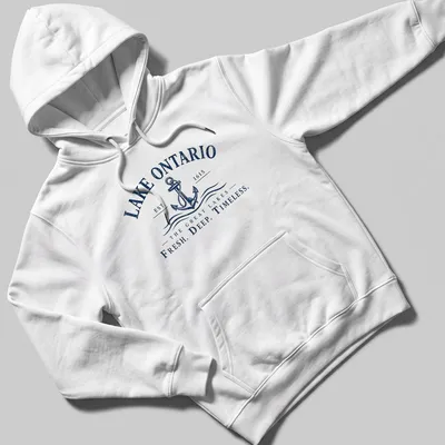 Vintage style t-shirt featuring Lake Ontario text and an anchor design in navy and white — printed on a unisex hoodie