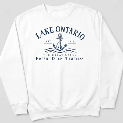 Vintage style t-shirt featuring Lake Ontario text and an anchor design in navy and white — printed on a unisex sweatshirt