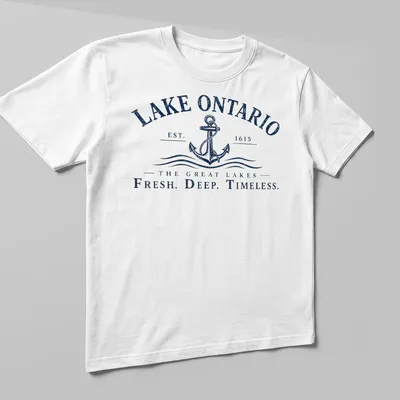 Vintage style t-shirt featuring Lake Ontario text and an anchor design in navy and white — printed on a unisex t-shirt (angled view)