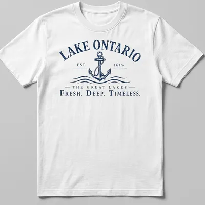 Vintage style t-shirt featuring Lake Ontario text and an anchor design in navy and white