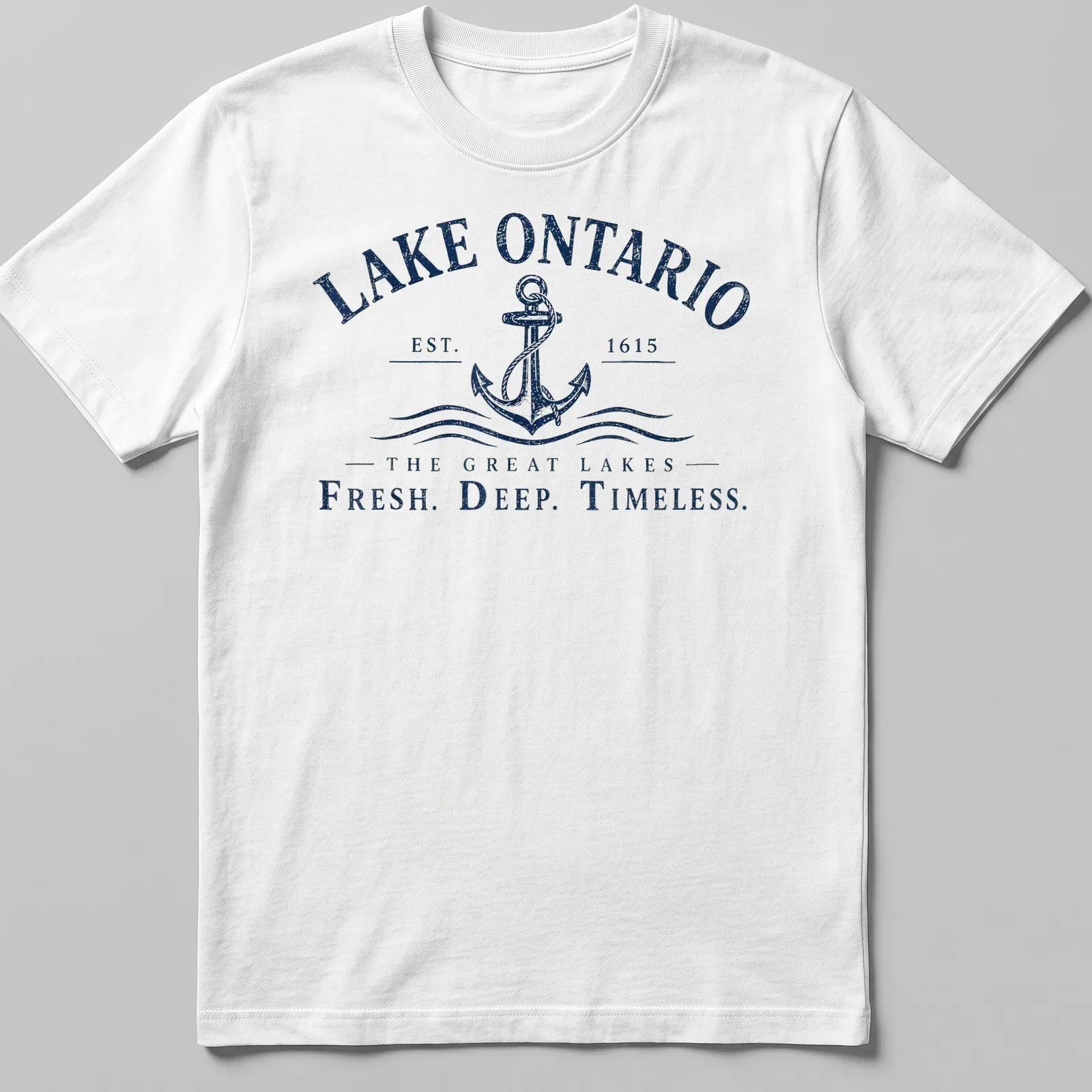 Vintage style t-shirt featuring Lake Ontario text and an anchor design in navy and white — printed on a unisex t-shirt