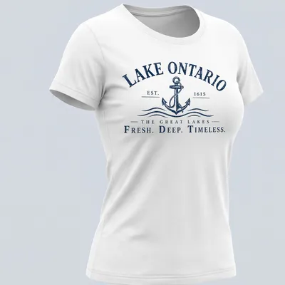 Vintage style t-shirt featuring Lake Ontario text and an anchor design in navy and white — printed on a women's shirt