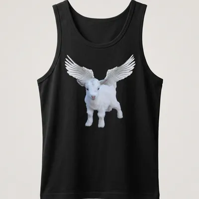 Realistic illustration of an angel goat with wings and text about perfection — printed on a tank top