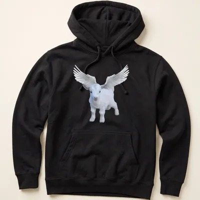 Realistic illustration of an angel goat with wings and text about perfection — printed on a unisex hoodie