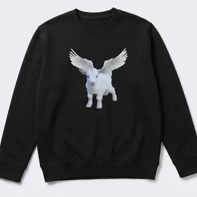 Realistic illustration of an angel goat with wings and text about perfection — printed on a unisex sweatshirt