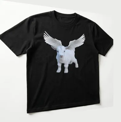 Realistic illustration of an angel goat with wings and text about perfection — printed on a unisex t-shirt (angled view)