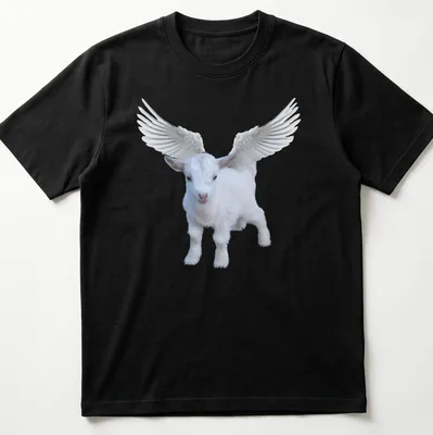 Realistic illustration of an angel goat with wings and text about perfection
