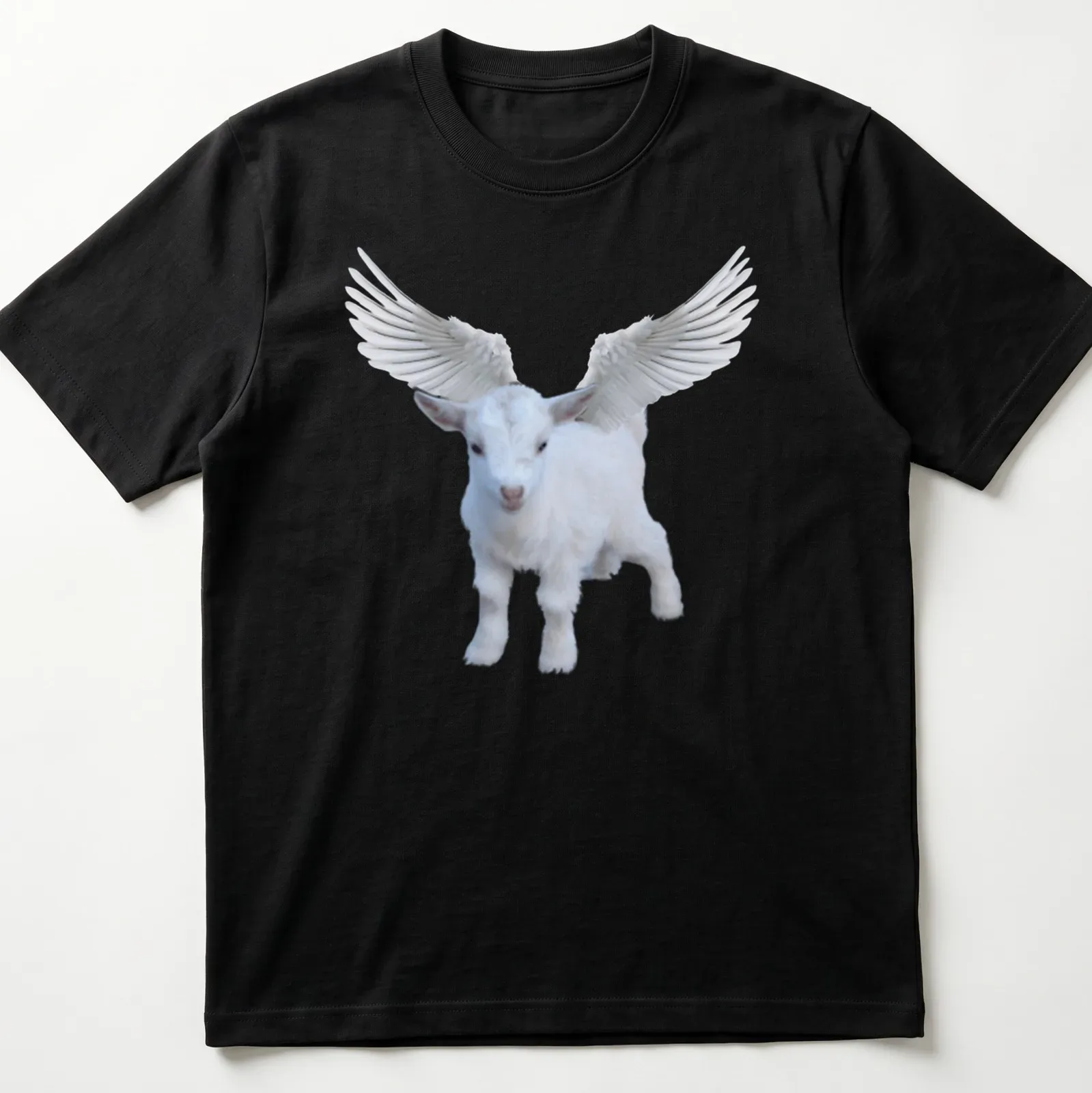 Realistic illustration of an angel goat with wings and text about perfection — printed on a unisex t-shirt