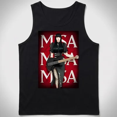 Anime female bassist Misa in black dress with bold lettering — printed on a tank top