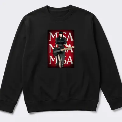 Anime female bassist Misa in black dress with bold lettering — printed on a unisex sweatshirt