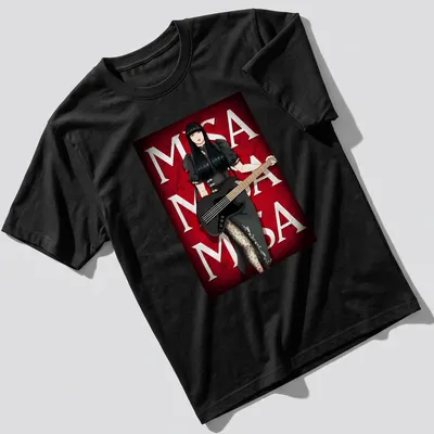 Anime female bassist Misa in black dress with bold lettering