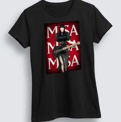 Anime female bassist Misa in black dress with bold lettering — printed on a women's shirt