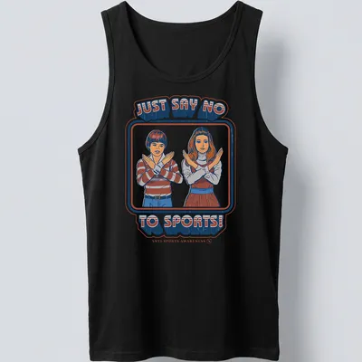 Retro illustration of children making an 'X' gesture with text reading Just Say No To Sports — printed on a tank top