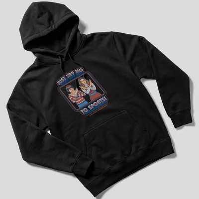 Retro illustration of children making an 'X' gesture with text reading Just Say No To Sports — printed on a unisex hoodie