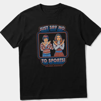 Retro illustration of children making an 'X' gesture with text reading Just Say No To Sports