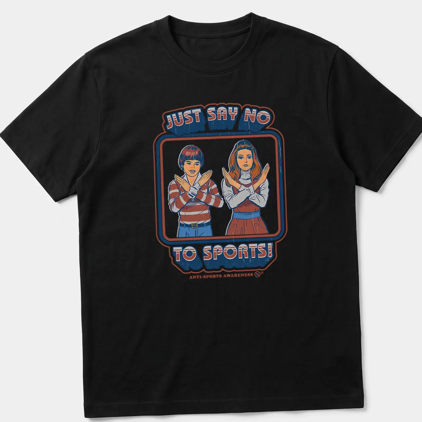 Retro illustration of children making an 'X' gesture with text reading Just Say No To Sports — printed on a unisex t-shirt