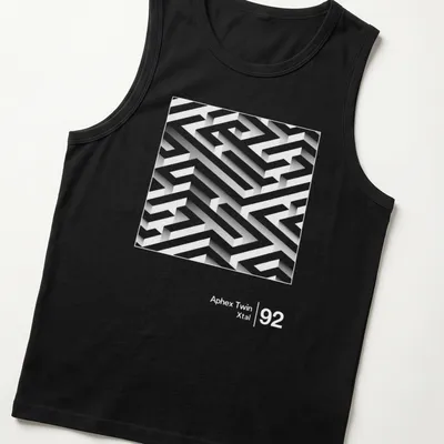 3D maze design featuring 'Aphex Twin Xtal' in white and gray. — printed on a tank top