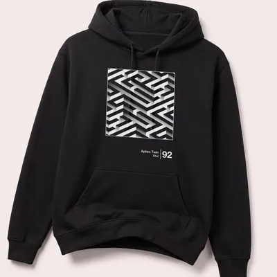 3D maze design featuring 'Aphex Twin Xtal' in white and gray. — printed on a unisex hoodie