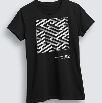 3D maze design featuring 'Aphex Twin Xtal' in white and gray. — printed on a women's shirt