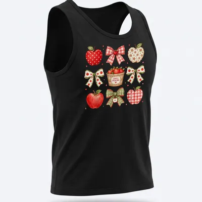 Watercolor print of red apples and bows with 'APPLE PICKING' text — printed on a tank top