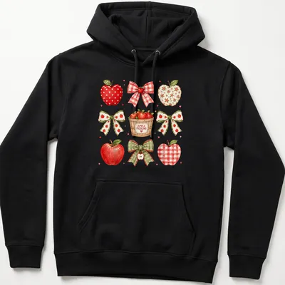 Watercolor print of red apples and bows with 'APPLE PICKING' text — printed on a unisex hoodie