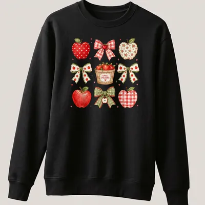 Watercolor print of red apples and bows with 'APPLE PICKING' text — printed on a unisex sweatshirt