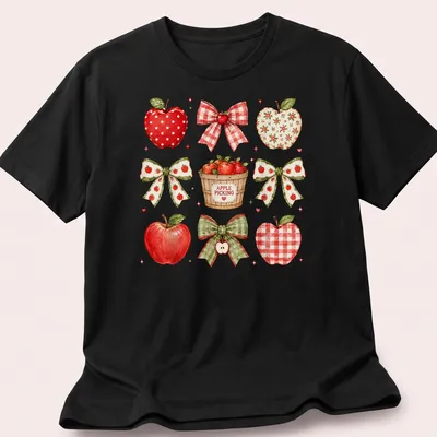 Watercolor print of red apples and bows with 'APPLE PICKING' text
