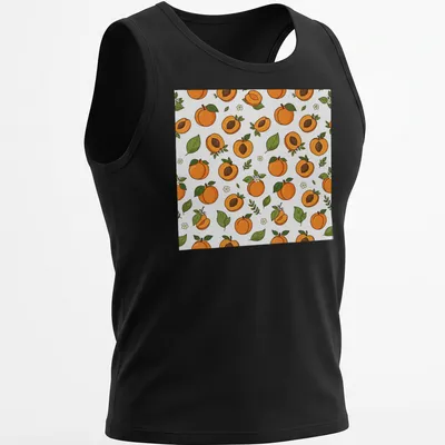 Seamless pattern featuring illustrated apricot fruit in orange and green. — printed on a tank top