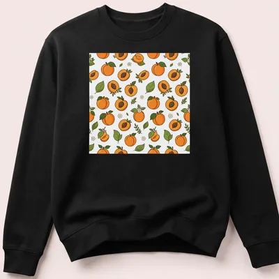 Seamless pattern featuring illustrated apricot fruit in orange and green. — printed on a unisex sweatshirt