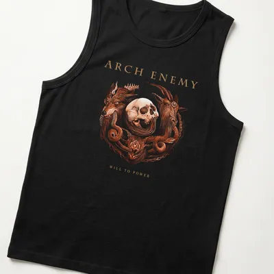 Intricate illustration of a skull and beast crest with Arch Enemy Will to Power text — printed on a tank top