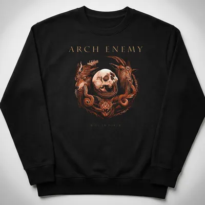 Intricate illustration of a skull and beast crest with Arch Enemy Will to Power text — printed on a unisex sweatshirt